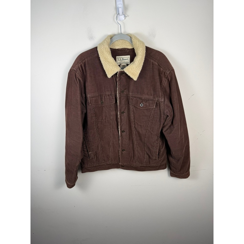 LL Bean Mens Brown Corduroy Sherpa Collar Trucker Jacket Size Medium O BFV6